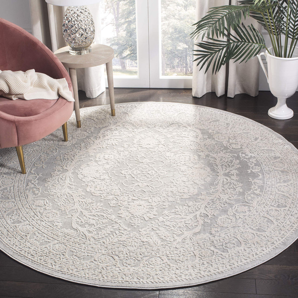 SAFAVIEH Reflection Collection 3' Round Light Grey/Cream RFT668G French Country Oriental Area Rug