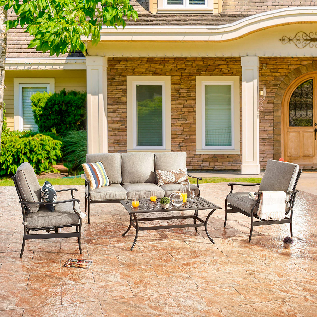 Metal 4 Piece Outdoor Conversation Set Patio Couch Furniture w/2 Sofa Chairs