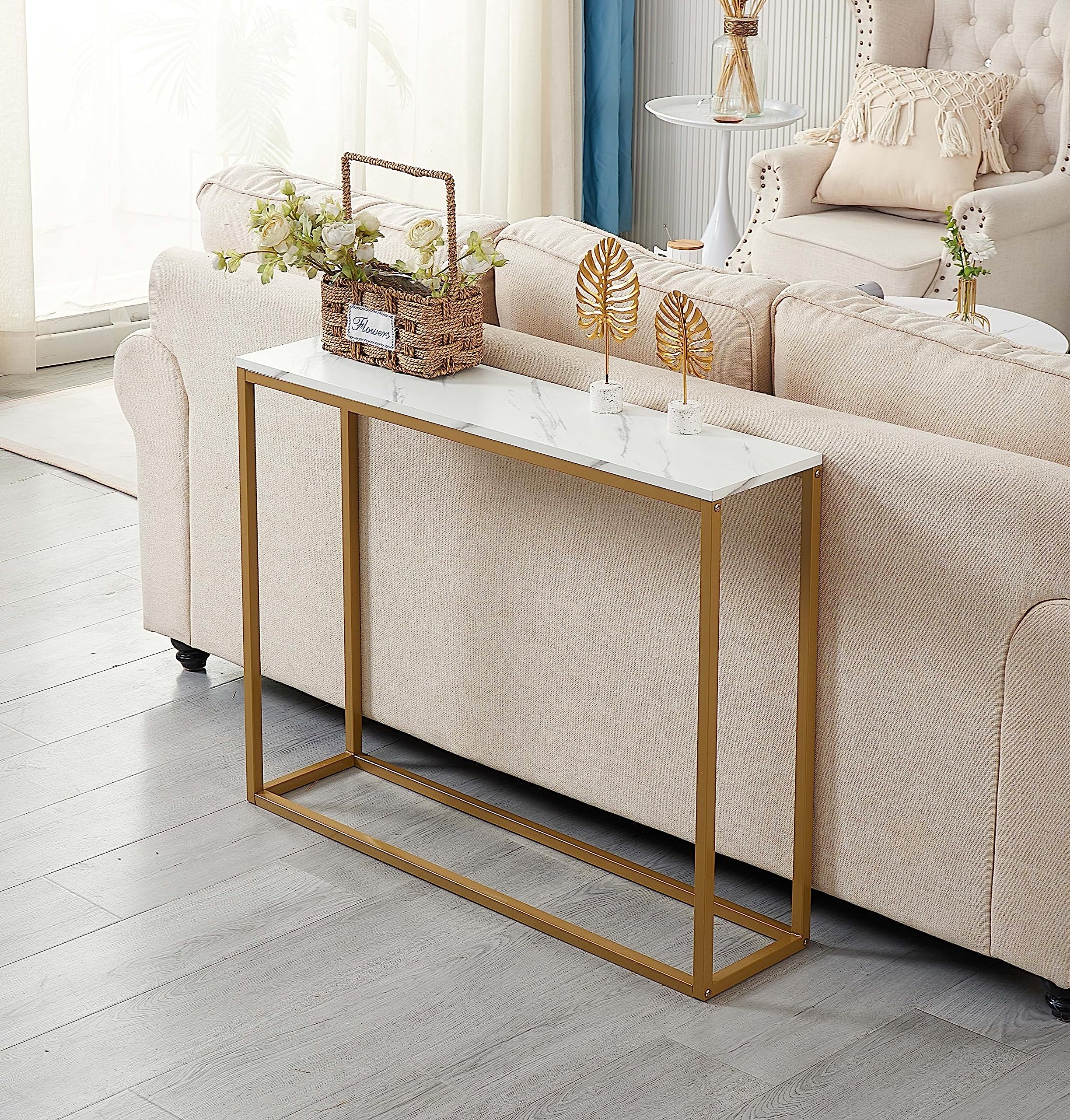 Modern Console Table for Entryway, MDF Faux Marble Sofa Table with Golden Metal