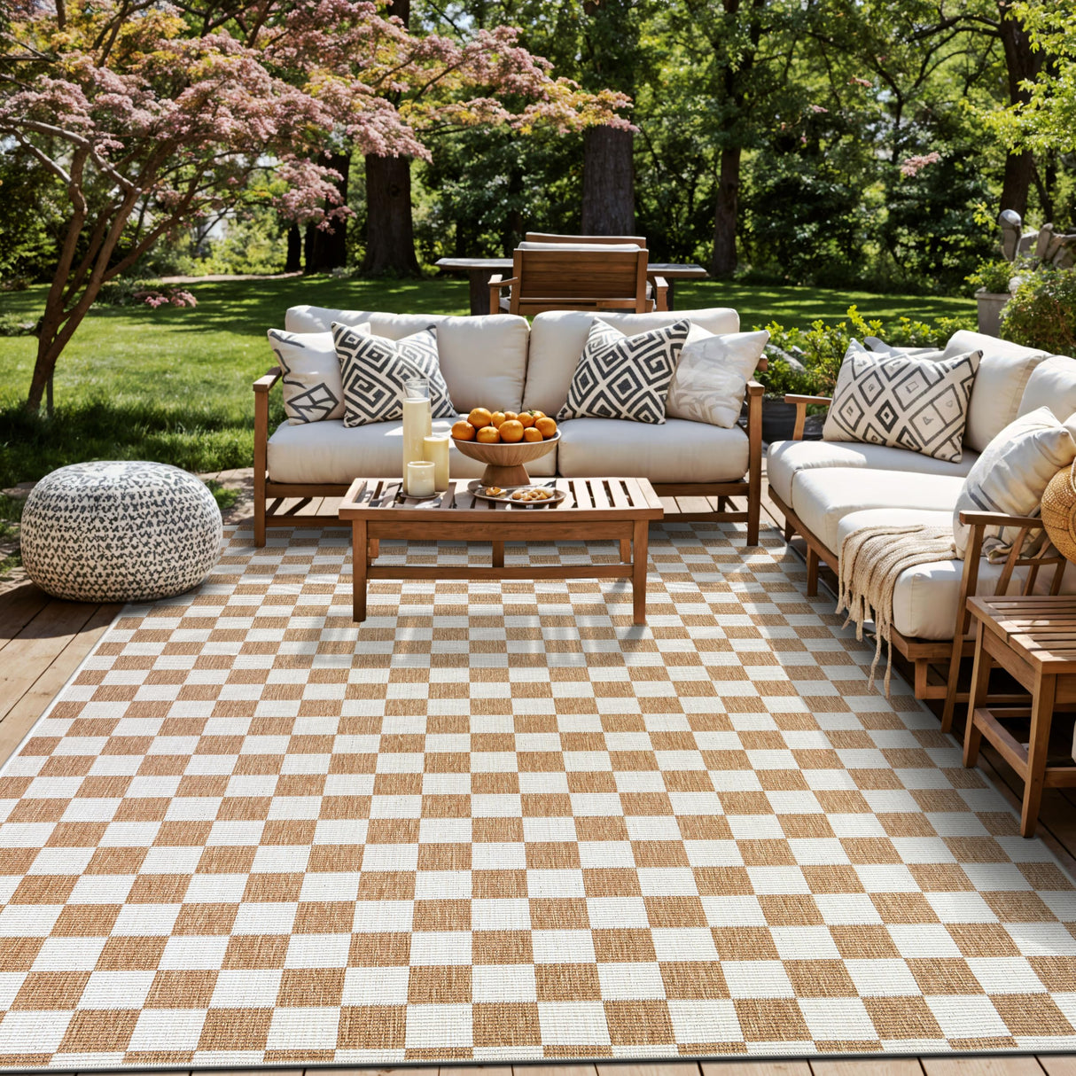Contemporary Checkered Weather Resistant Reversible Indoor/Outdoor Area Rug 5' x 7' Natural