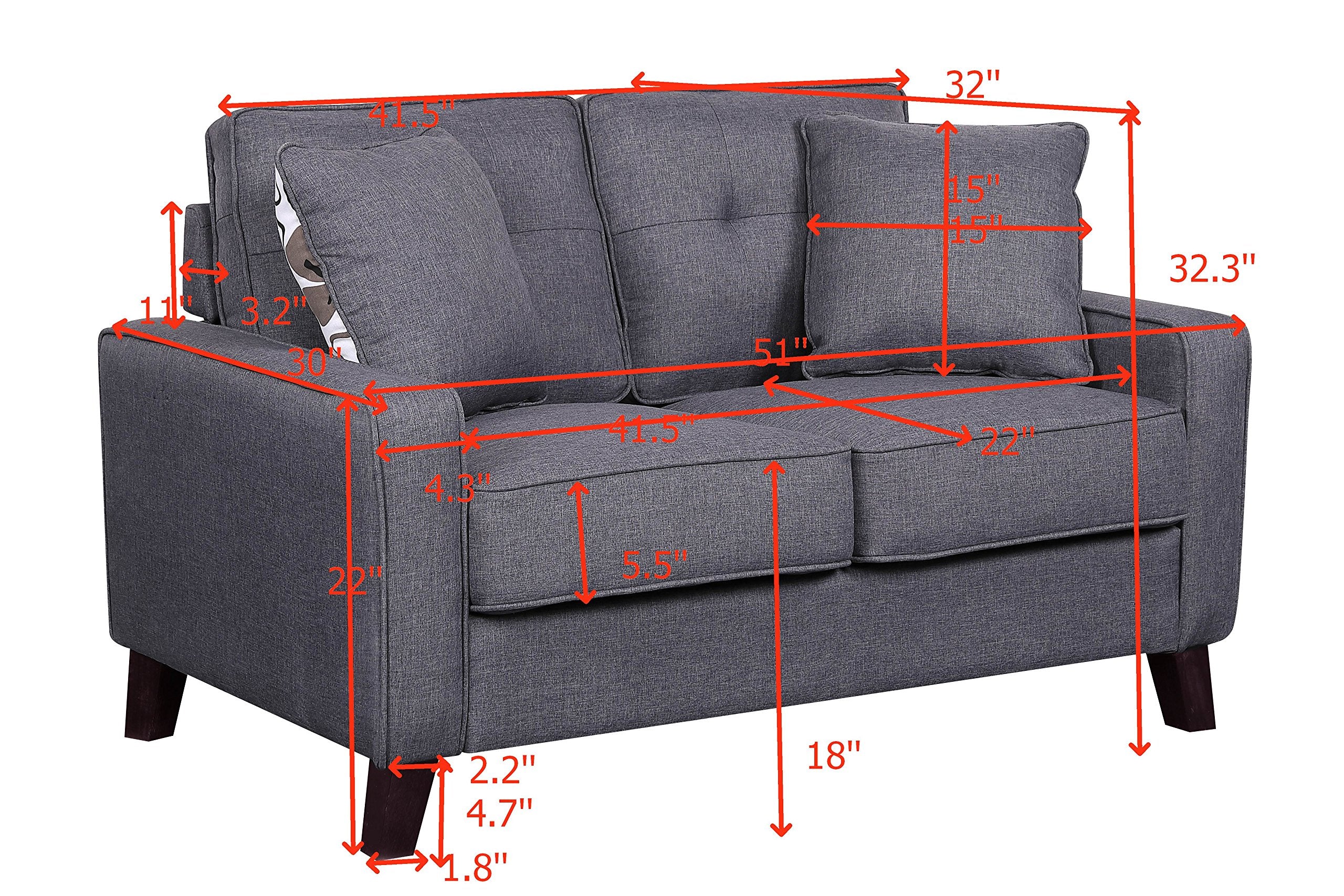 Furniture Direct Lillana Linen Upholstered Mid-Century Modern Loveseat with Two Accent Pillows, Dark Grey