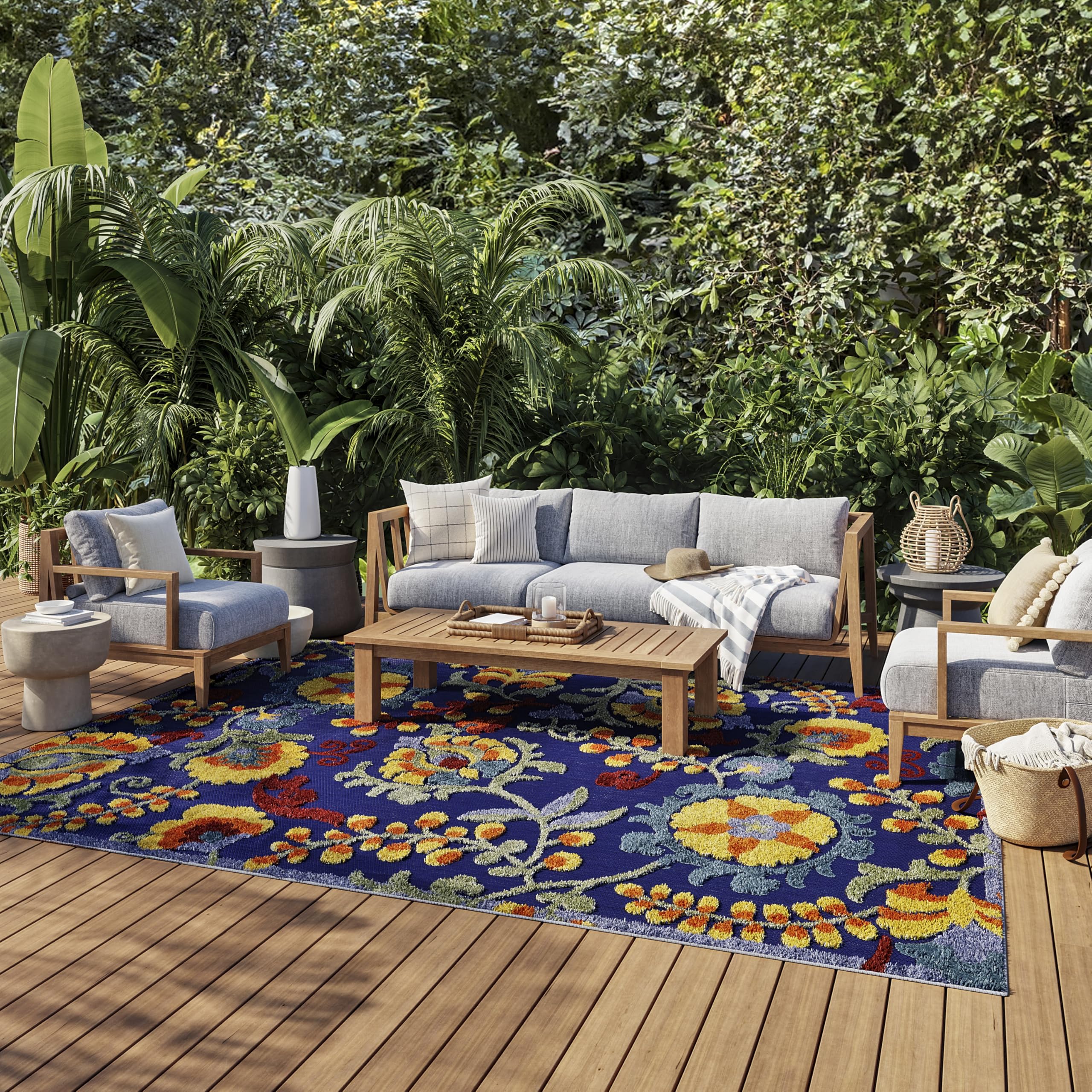 9' x 12' Navy Multicolor Fabric Outdoor Area Rug (9' x 12')