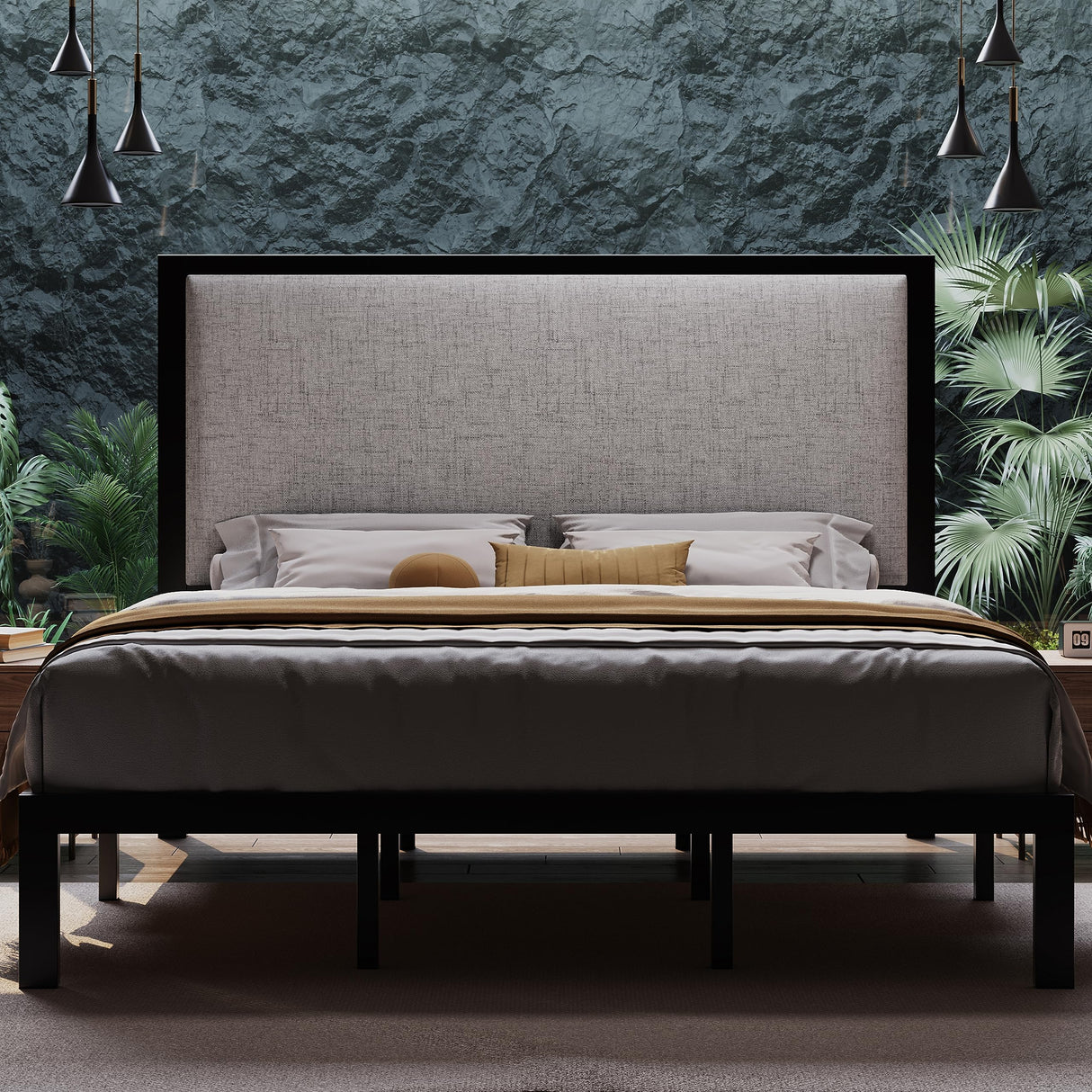 Bed Frame with 47'' Tall Upholstered Headboard, High Metal Structure with 12''