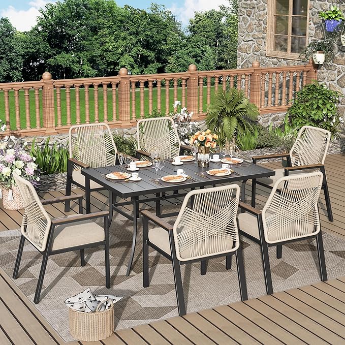 7 Pieces Outdoor Patio Dining Set, Wicker Patio Dining Set of 6 Rattan Chairs
