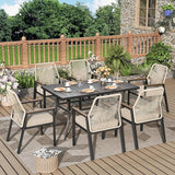 7 Pieces Outdoor Patio Dining Set, Wicker Patio Dining Set of 6 Rattan Chairs