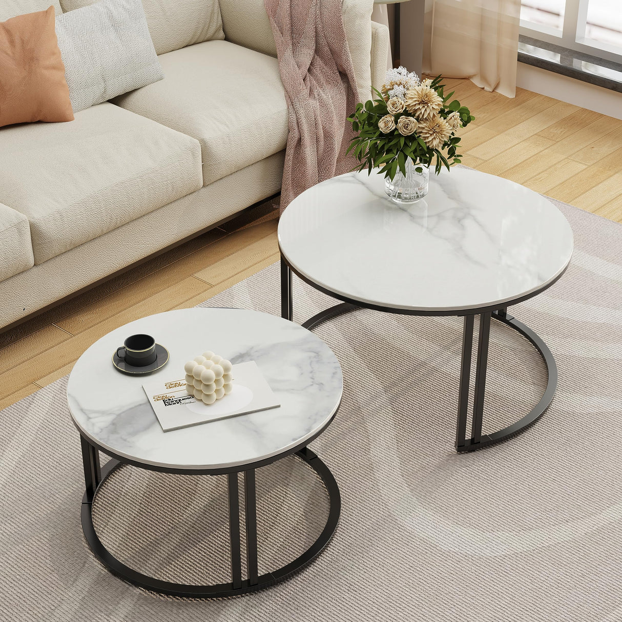 Round Nesting Coffee Table: Set of 2 White Sintered Stone Side Table