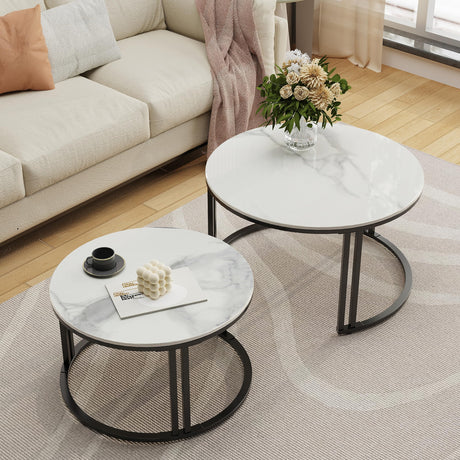 Round Nesting Coffee Table: Set of 2 White Sintered Stone Side Table