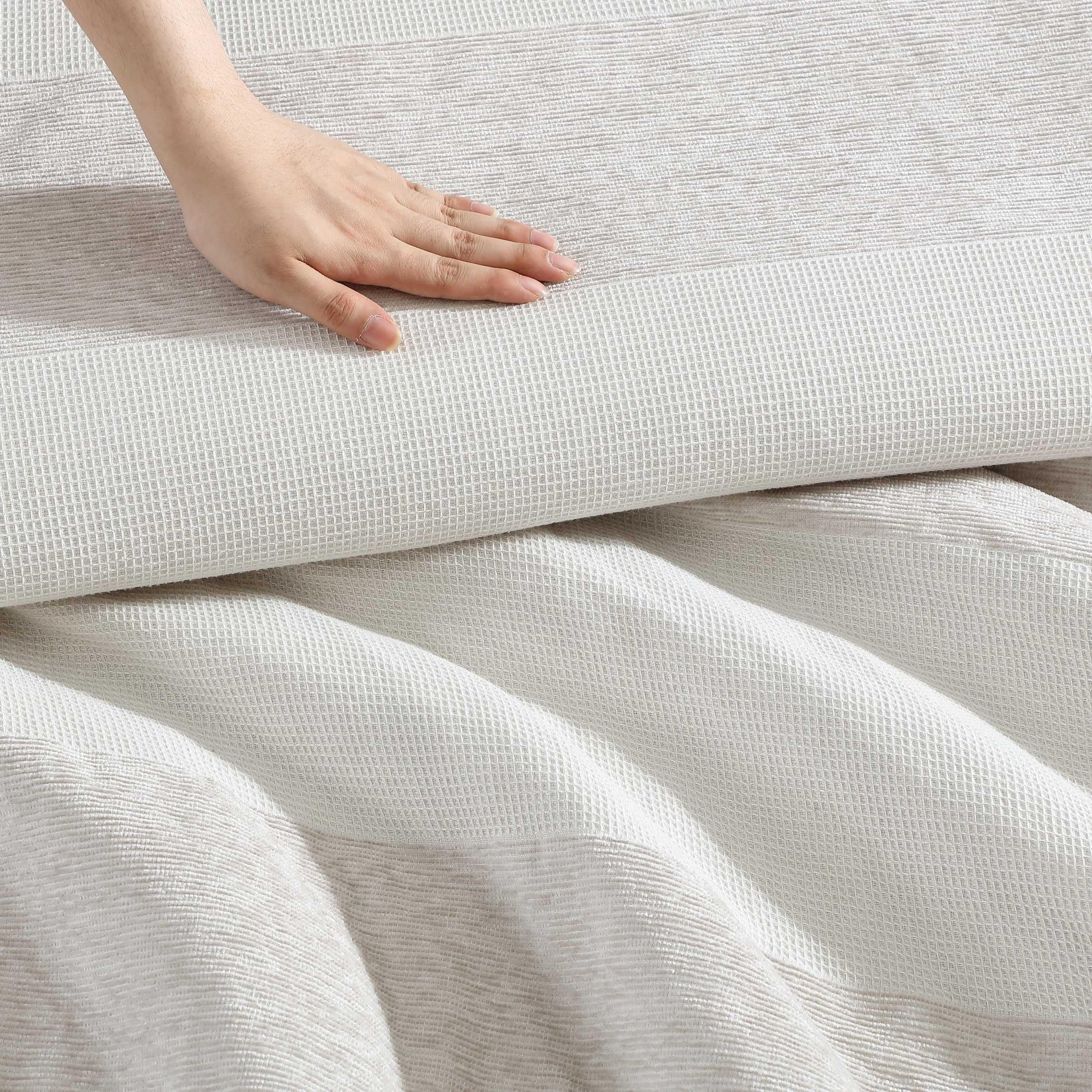King Size Comforter Set - Textured Chenille Waffle Stripe Beige