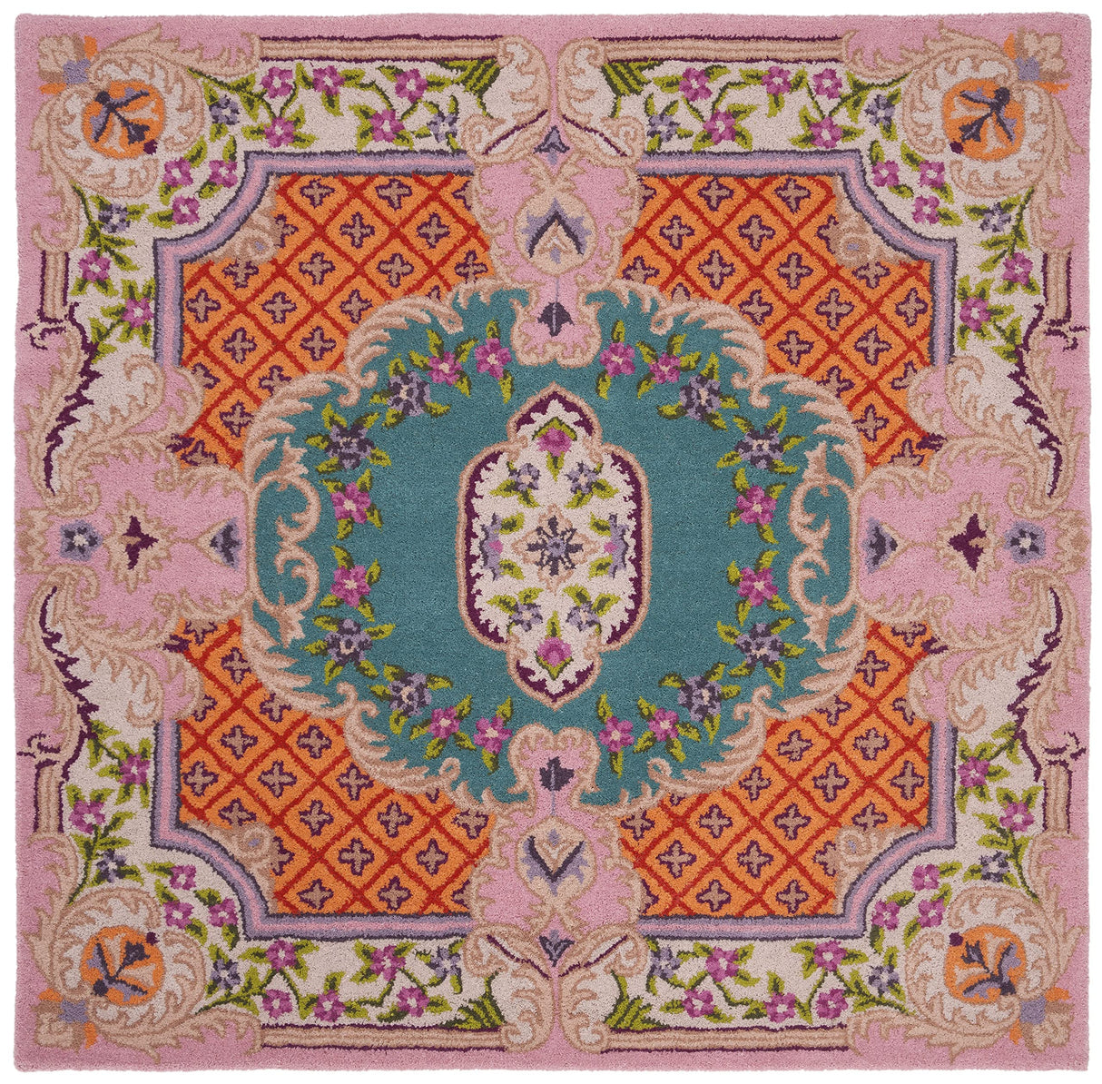 Bellagio Collection 5' Square Blue/Pink BLG535M Handmade Medallion Premium Wool