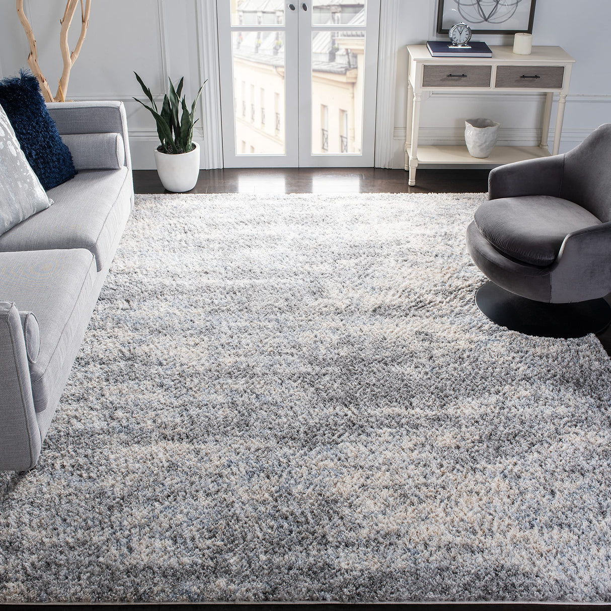 Berber Shag Area Rug 9' x 12' - Grey Blue & Cream Modern Abstract Design
