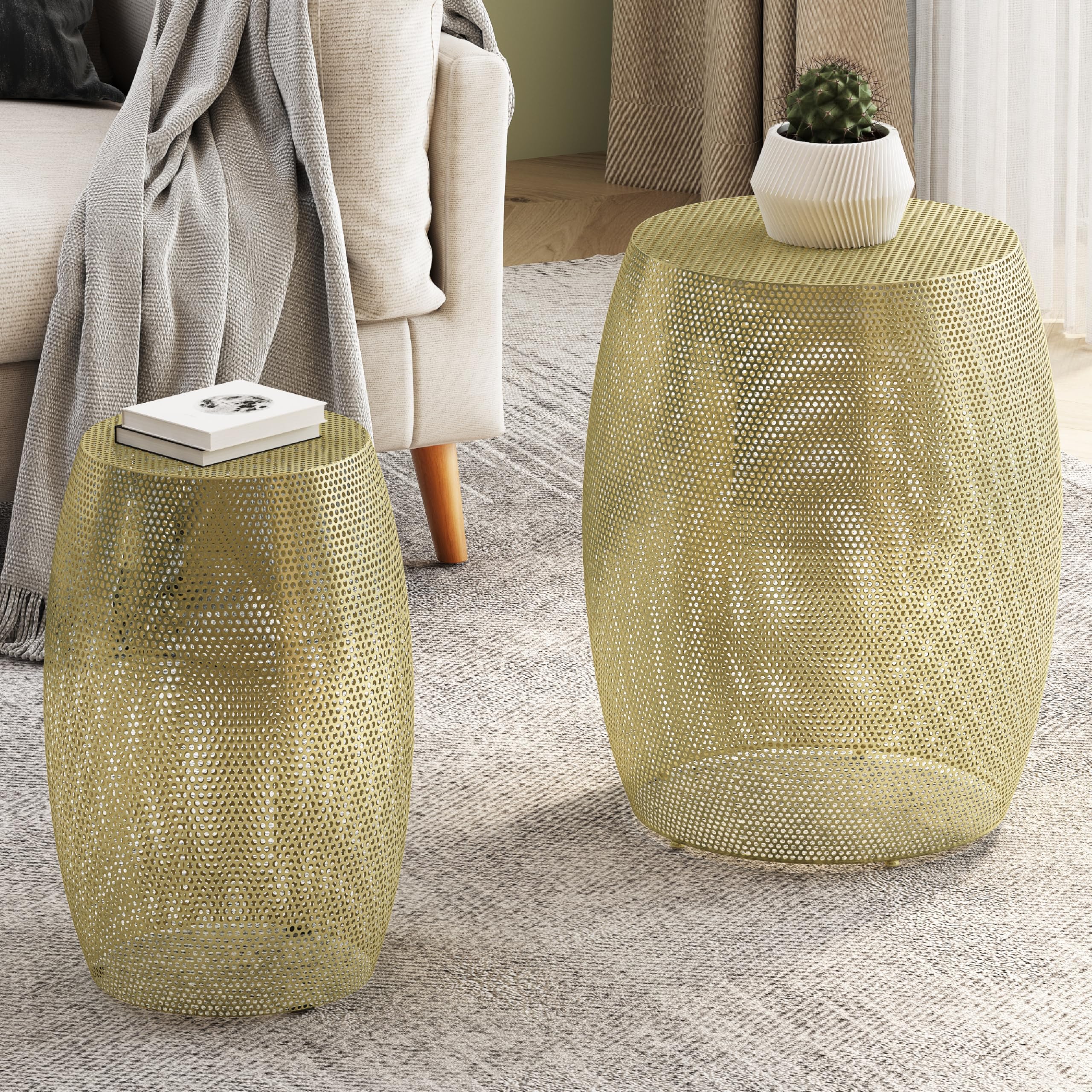 Round Metal Hollow Accent Side Table Set, Modern Drum Shape End Table with Pedestal