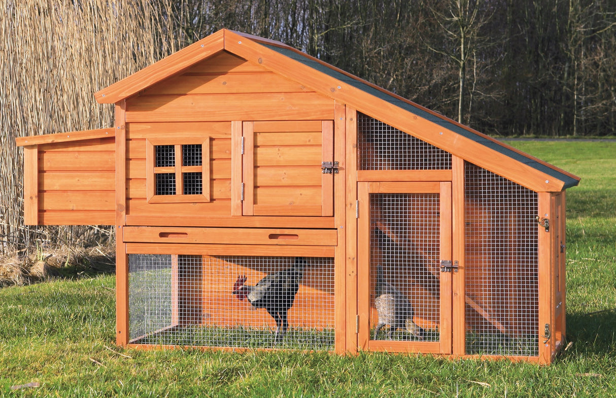 PawHut 59" Small Wooden Chicken coop Hen House Poultry Cage for Outdoor Backyard with 2 Doors, Nesting Box and Removable Tray, Natural Wood