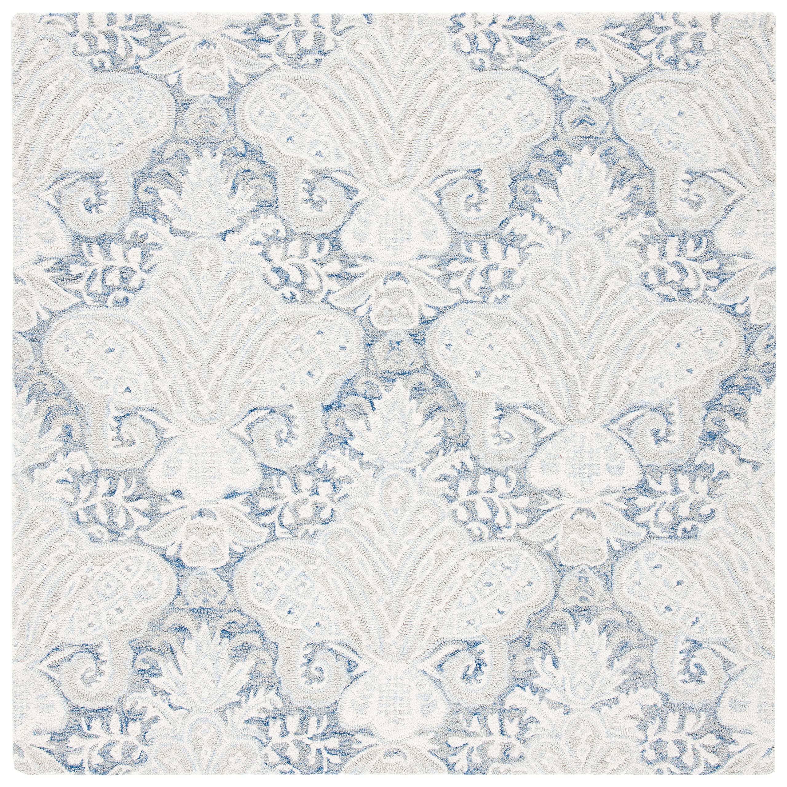 Micro-Loop Collection Area Rug - 5' Square, Blue & Ivory, Handmade Wool