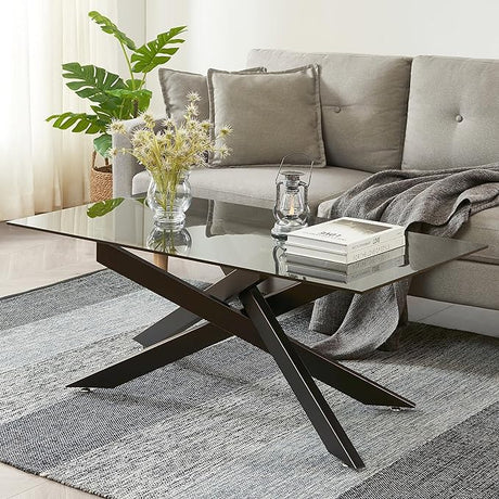 Rectangle Modern Coffee Table, Tempered Glass Top and Metal Tubular Leg,