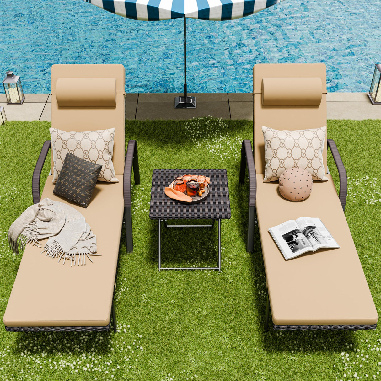 Patio Chaise Lounge Set 3 Pieces Outdoor Lounge Chair with Rattan Adjustable Backrest