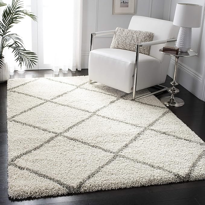 S Hudson Shag Collection Area Rug - 8' x 10', Ivory & Beige, Modern Trellis Design