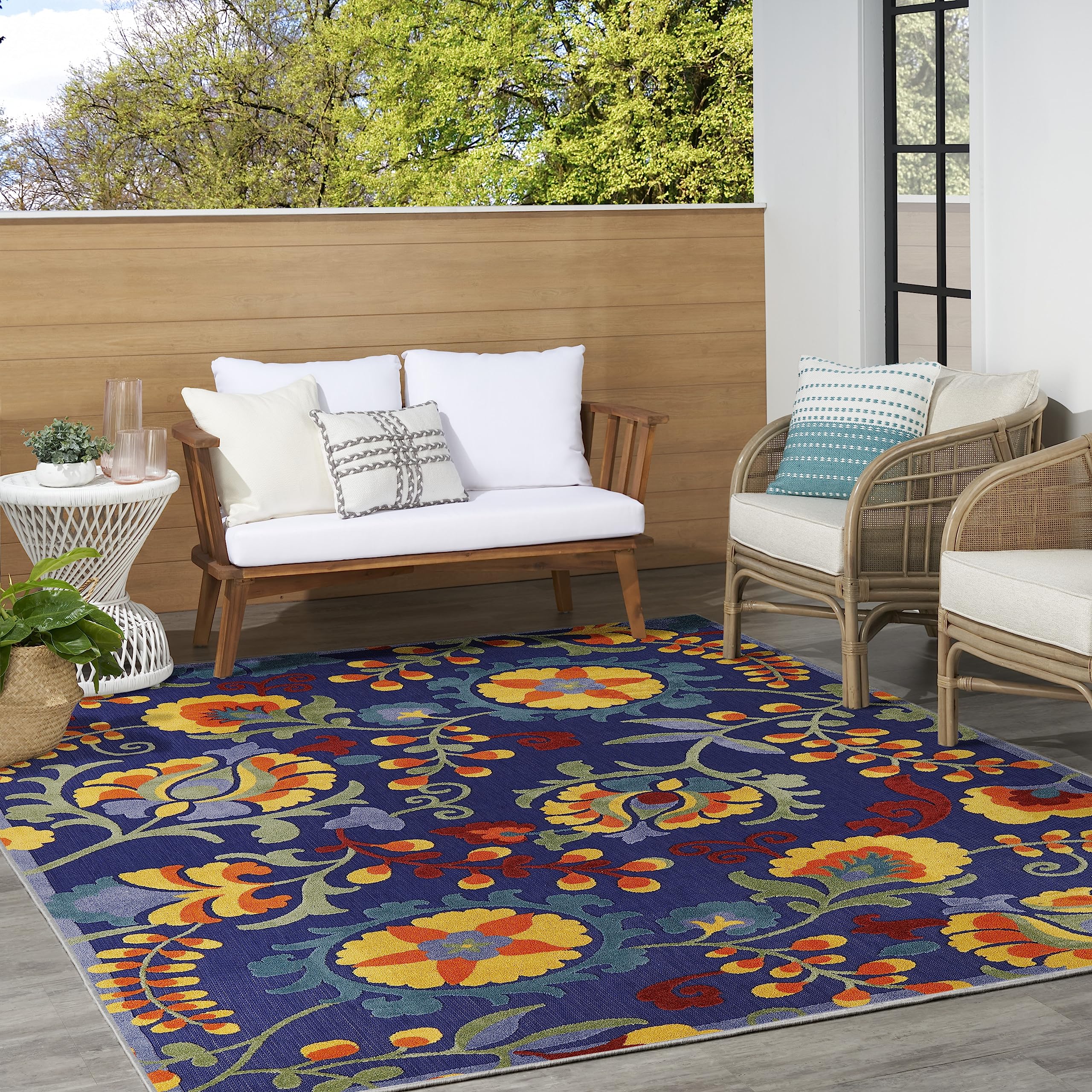 9' x 12' Navy Multicolor Fabric Outdoor Area Rug (9' x 12')