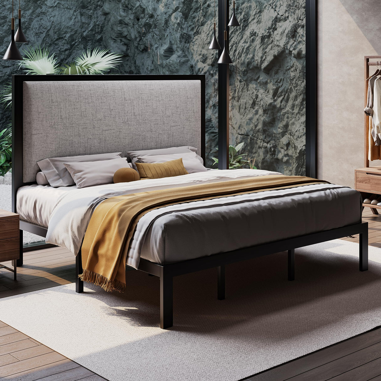 Bed Frame with 47'' Tall Upholstered Headboard, High Metal Structure with 12''