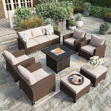 8 Pieces Wicker Patio Furniture Set with Fire Pit Table