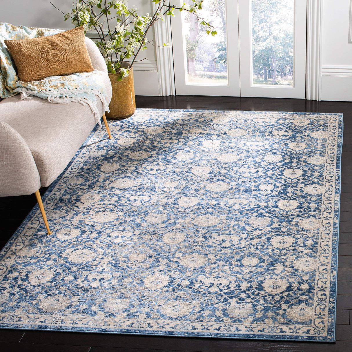 Brentwood Collection Area Rug - 6'7" Square, Navy & Creme