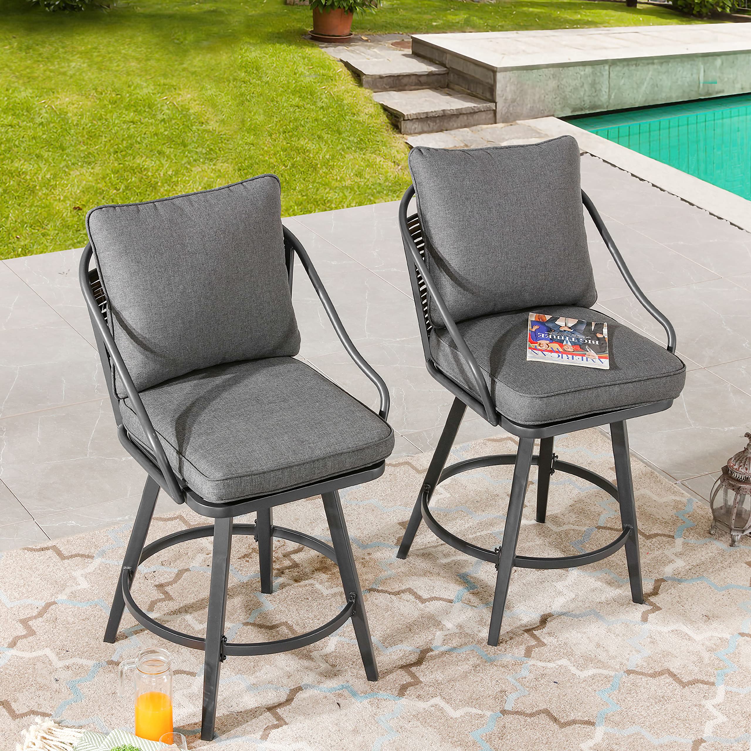 Outdoor Swivel Bar Stools Set of 2,Bar Height Patio Chairs Cushioned Metal