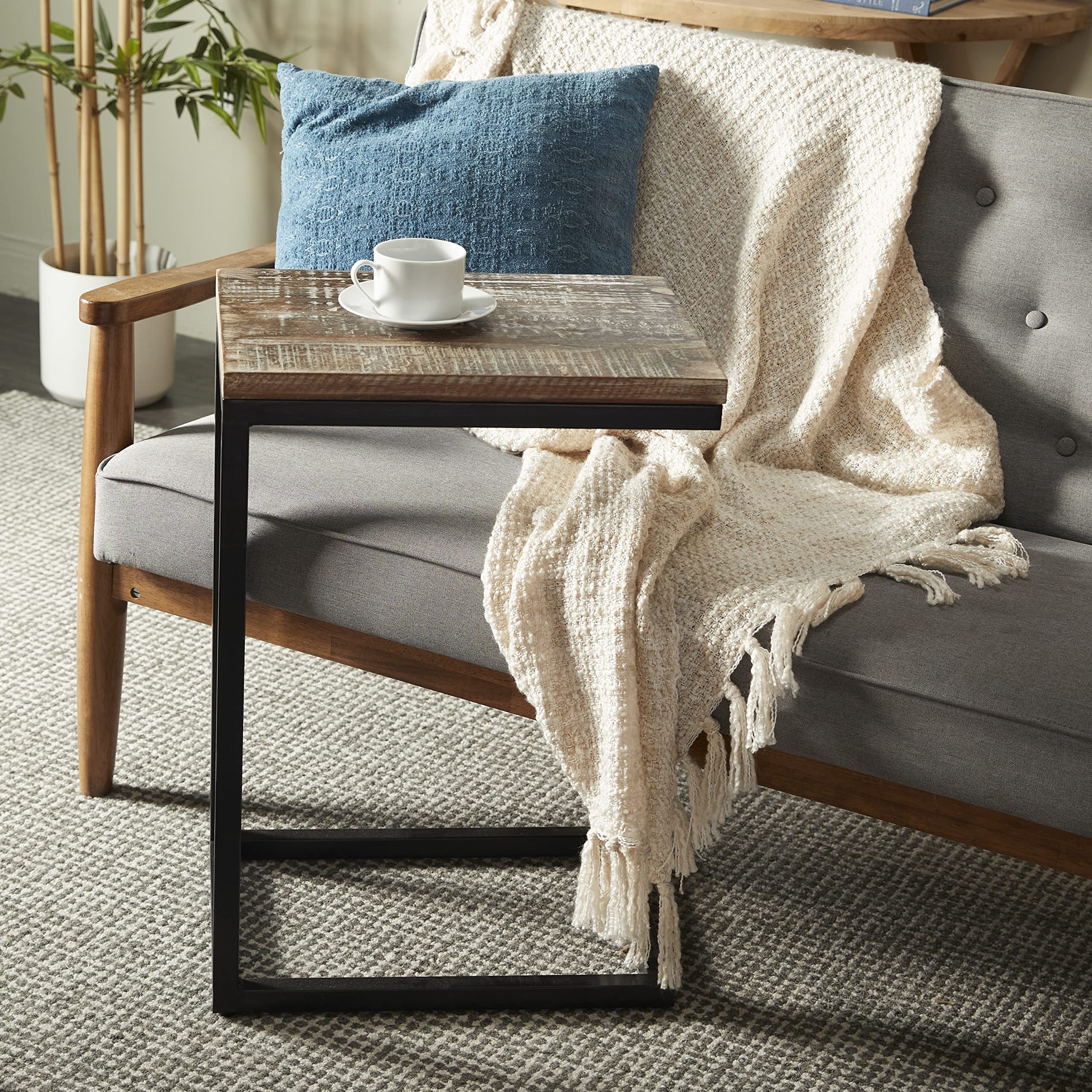 Wood Rectangle Accent Table with Black Metal Base, 13" x 18" x 26", Brown