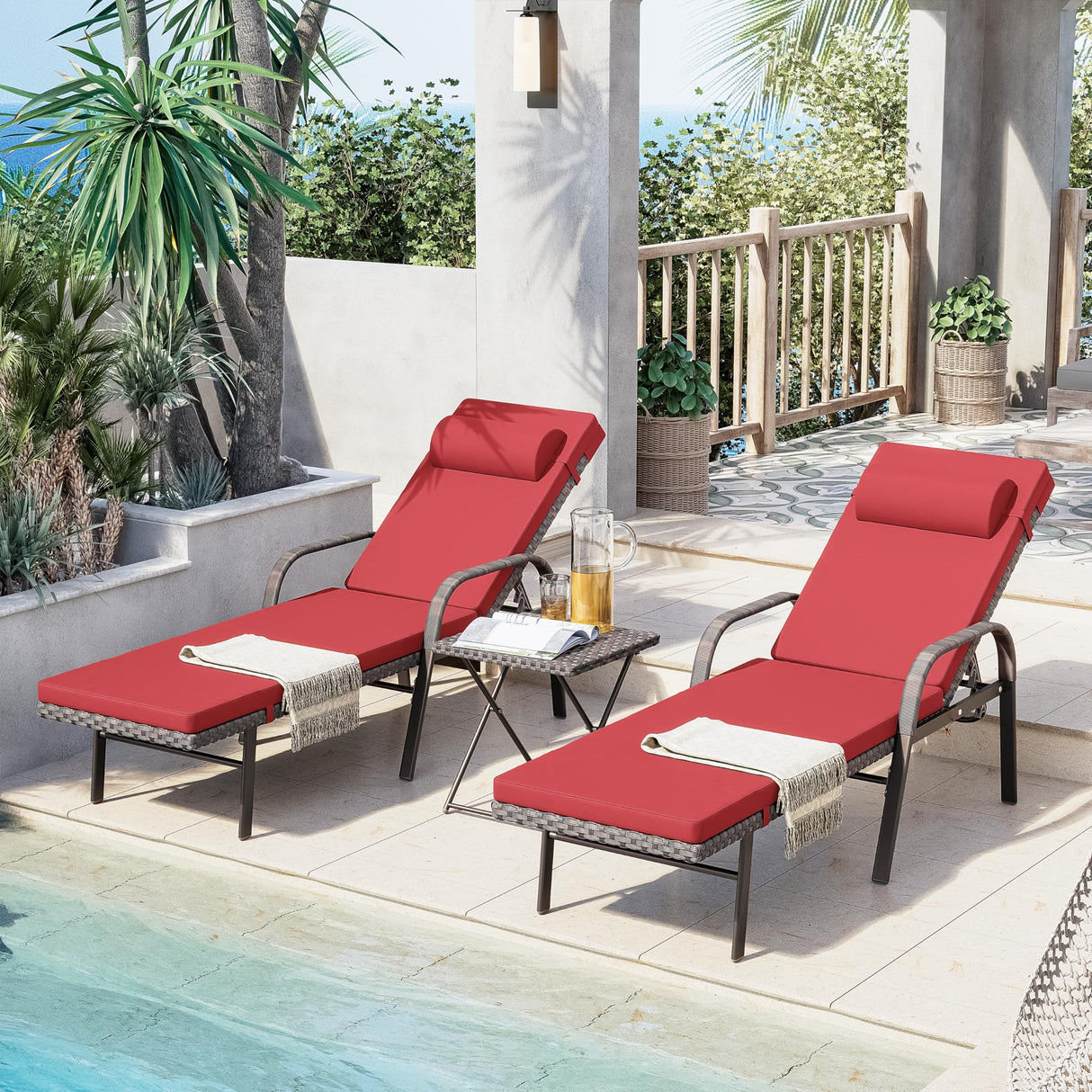 Outdoor Chaise Lounge Chairs 3 Pieces PE Wicker Patio Furniture Set Rattan Beach