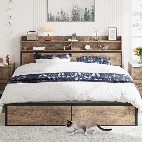 IRONCK King Size Bed Frame, Bookcase Headboard with Charging Station