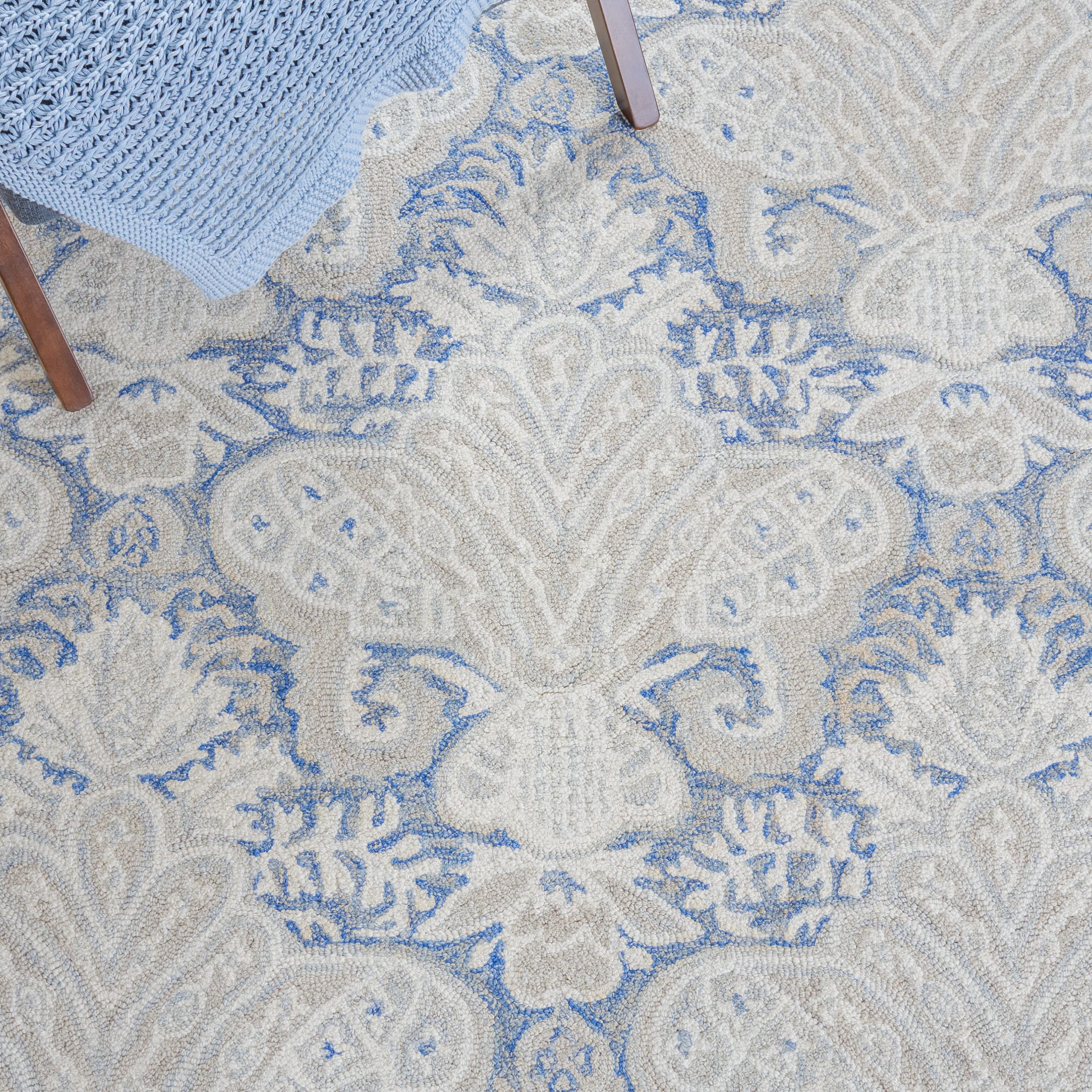 Micro-Loop Collection Area Rug - 5' Square, Blue & Ivory, Handmade Wool