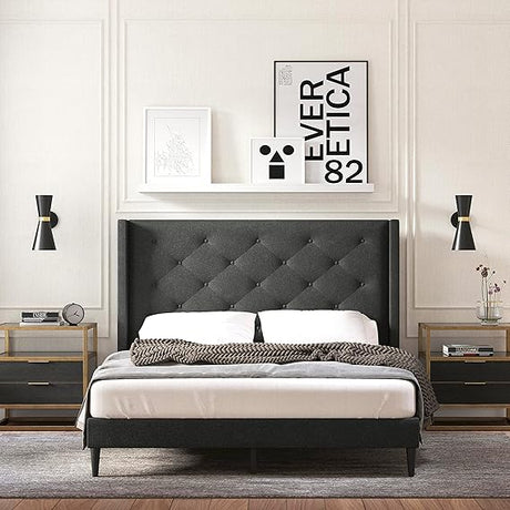 Huppe Upholstered Platform Bed Frame/Button Tufted MCM Wingback/Mattress