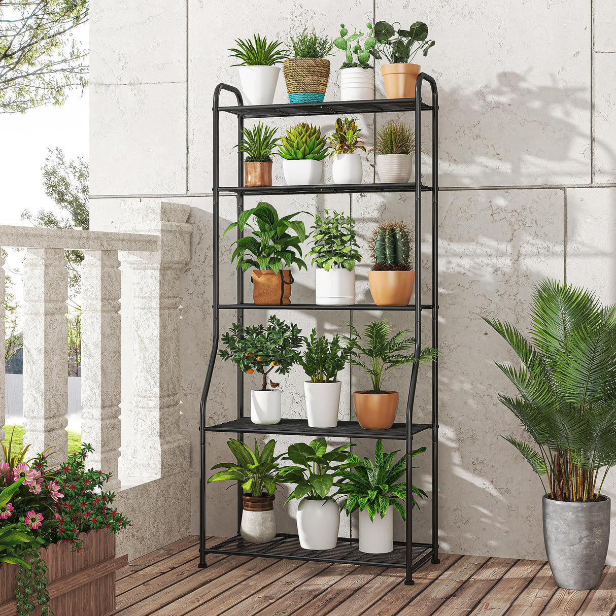 5-Tier Plant Shelf for Indoor Outdoor, Waterproof Metal Tall Plant Stand