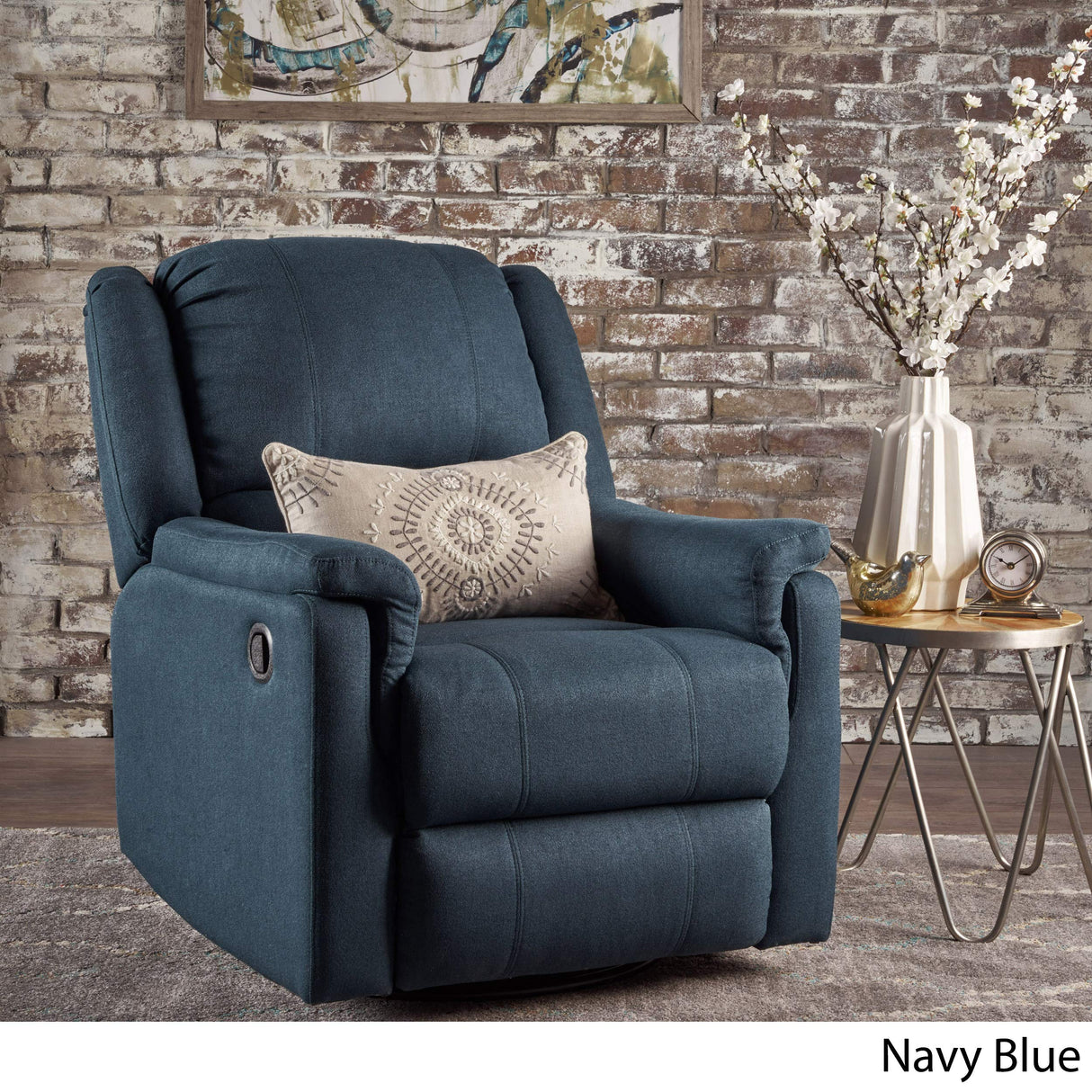 GDFStudio Jemma Tufted Fabric Swivel Gliding Recliner Chair, Plastic, (Navy Blue), 31.25