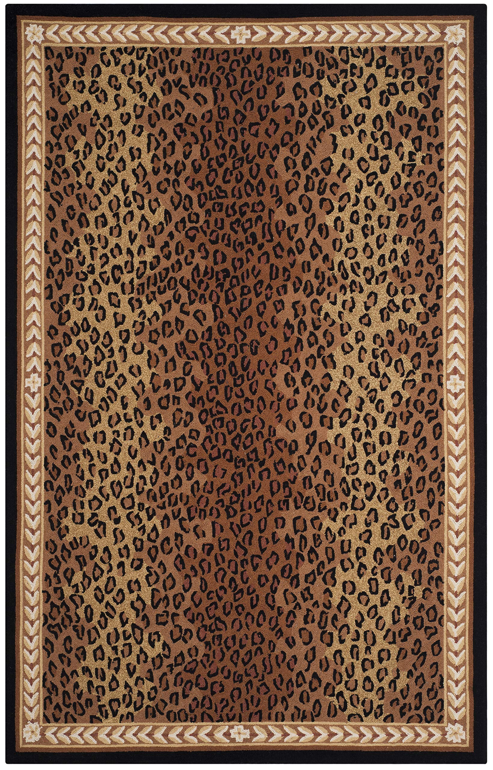 Hand-Hooked Wool Area Rug 6' x 9' - Black & Brown Leopard Print French Country Style