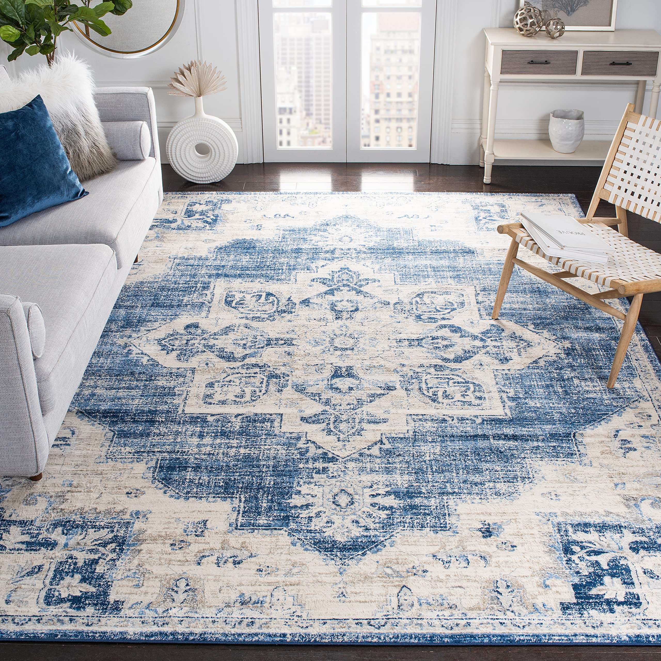 Brentwood Medallion Area Rug 9' x 12' - Ivory & Navy Distressed Design