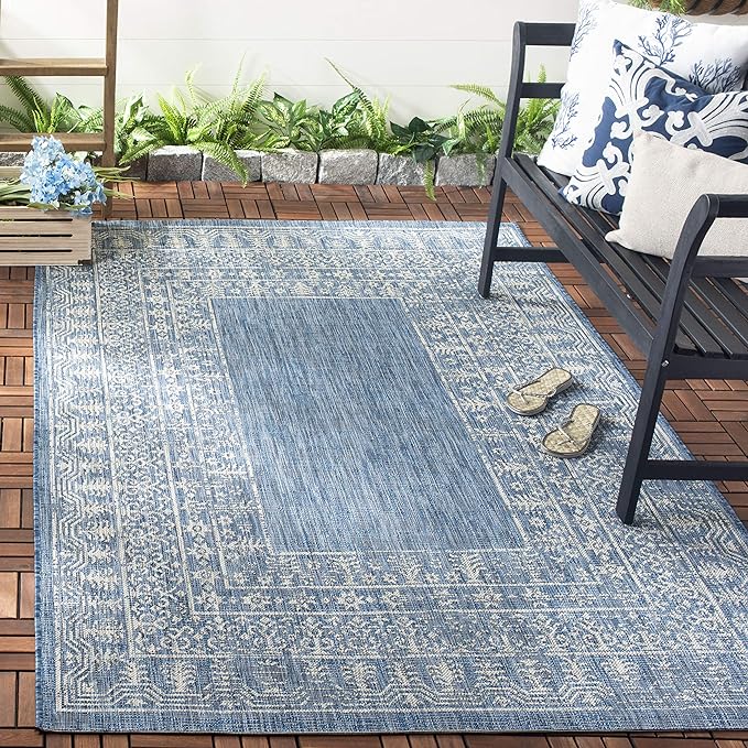 Courtyard Collection 8' x 11' Blue/Grey CY8482 Indoor/ Outdoor Waterproof Easy-Cleaning