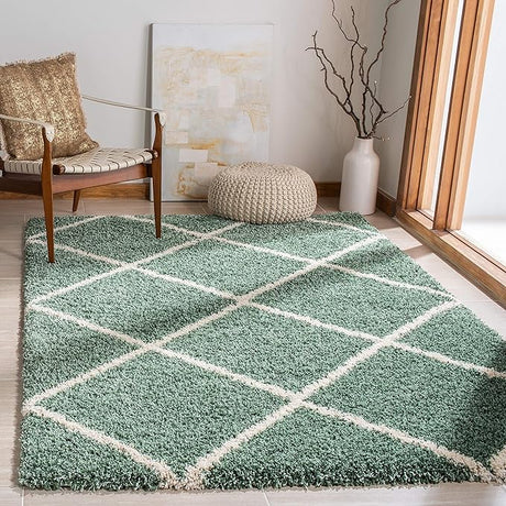 S Hudson Shag Collection Area Rug - 8' x 10', Ivory & Beige, Modern Trellis Design