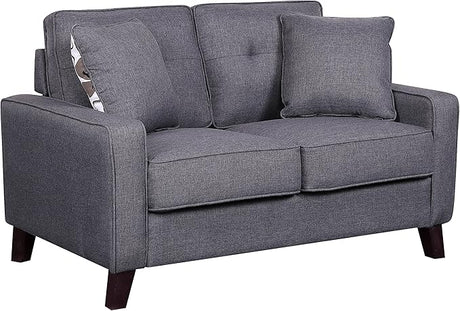 Lillana Linen Upholstered Mid-Century Modern Loveseat with Two Accent Pillows, Beige