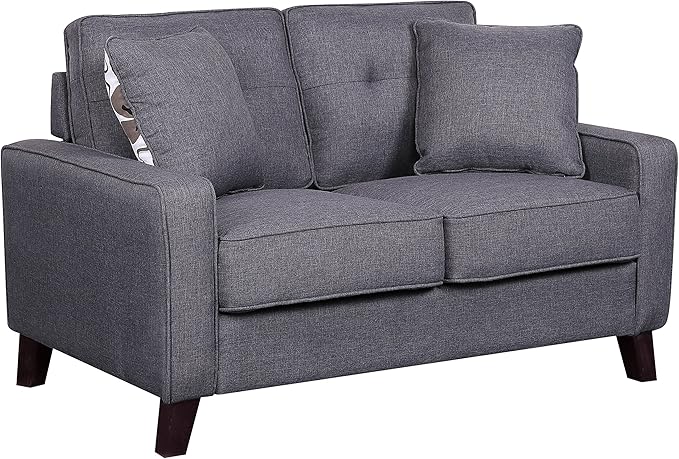 Furniture Direct Lillana Linen Upholstered Mid-Century Modern Loveseat with Two Accent Pillows, Dark Grey