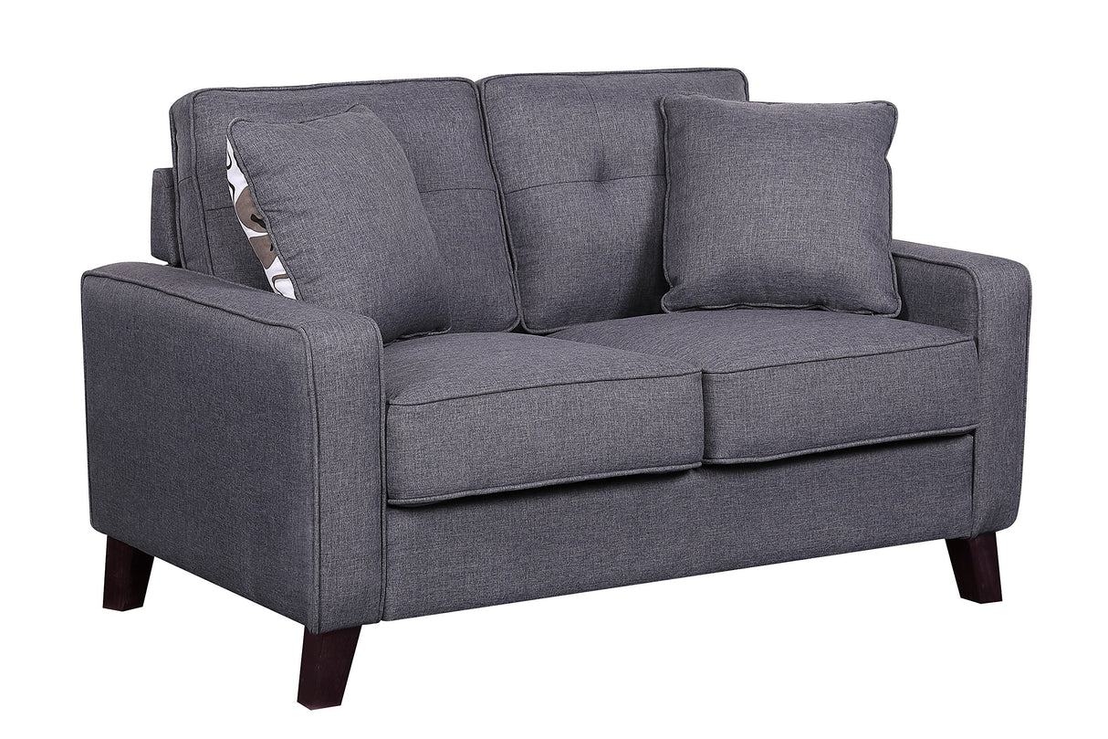 Furniture Direct Lillana Linen Upholstered Mid-Century Modern Loveseat with Two Accent Pillows, Dark Grey