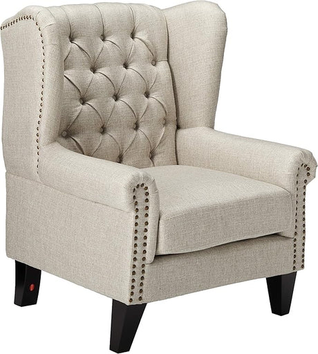 Laird Traditional Winged Fabric Accent Chair, Beige / Dark Brown 30D x 29.75W x 37.5H in