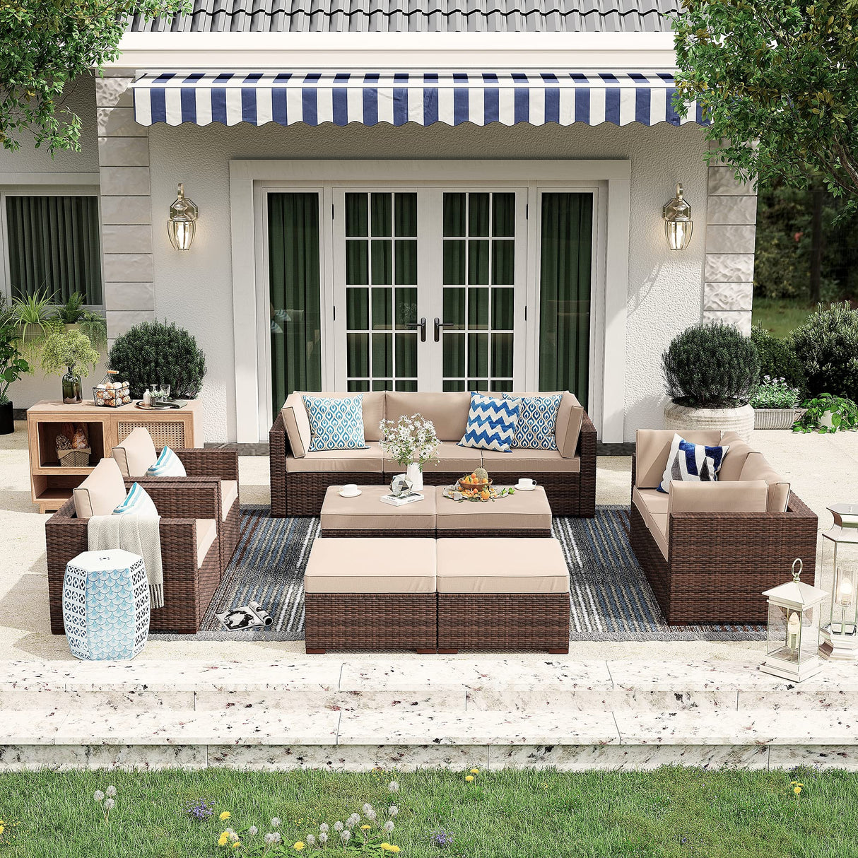 2-Piece Patio Furniture Sofa Set, Outdoor Sectional Sofa, All-Weather Brown PE Wicker