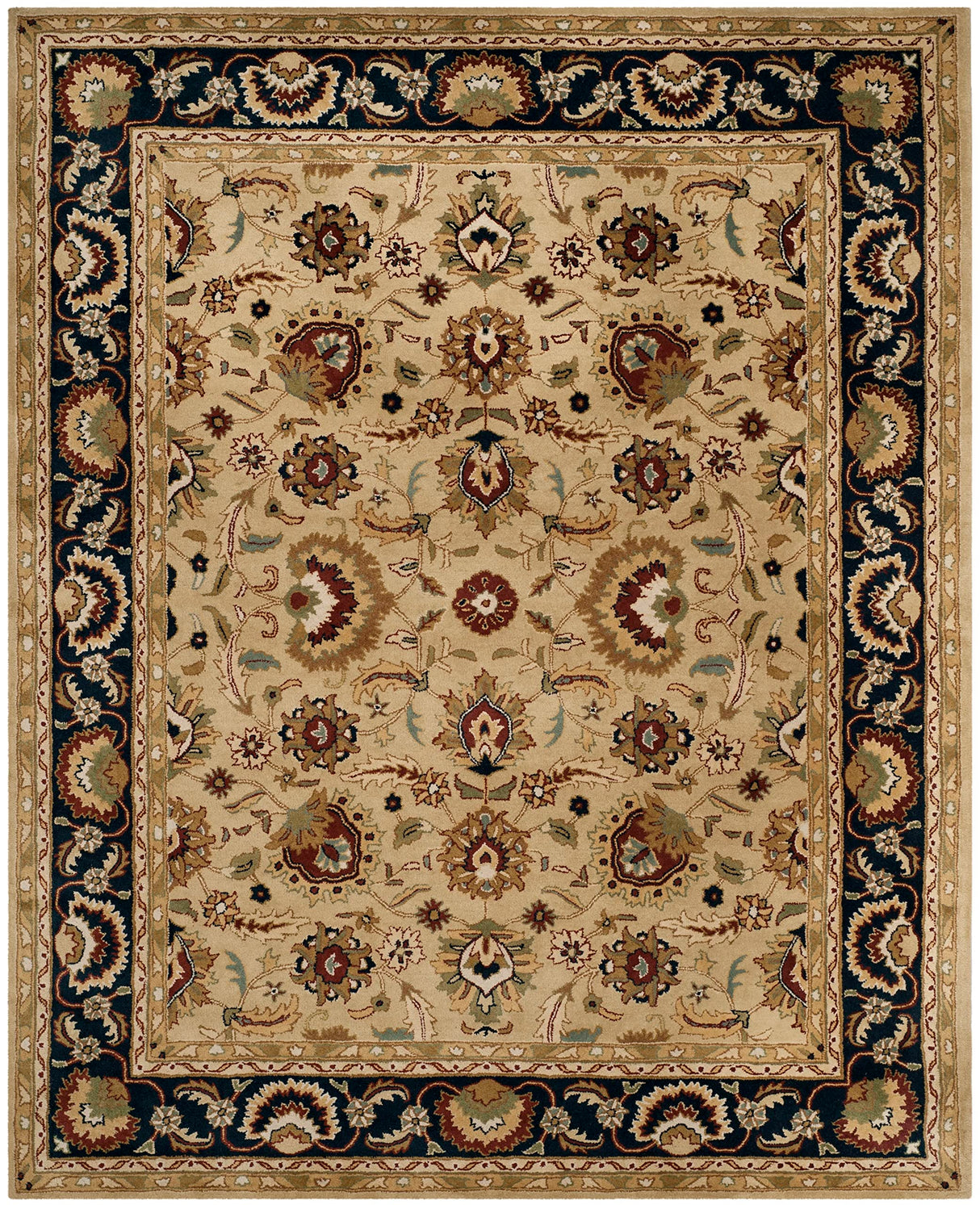 English Manor Area Rug 8x10 - Sage & Navy Handmade Wool Traditional Design