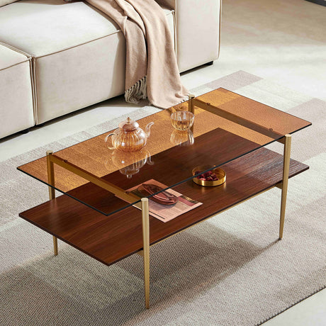 Layer Glass Coffee Table for Living Room, Brown Glass & Coffee Brown MDF Bottom Shelf