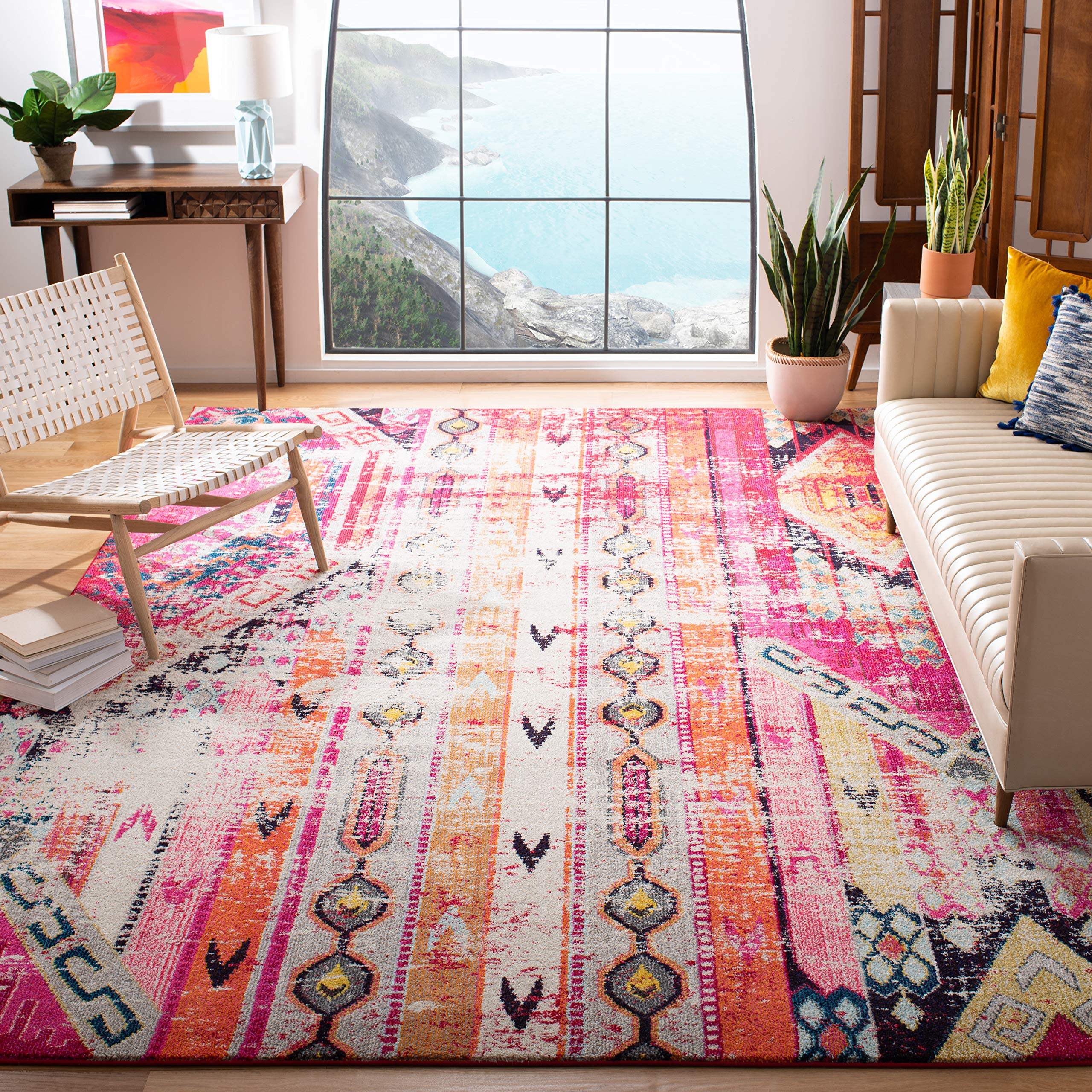 SAFAVIEH Monaco Collection Area Rug - 10' x 14', Magenta & Multi, Boho Chic Tribal Distressed Design, Non-Shedding & Easy Care, Ideal for High Traffic Areas in Living Room, Bedroom (MNC222D)