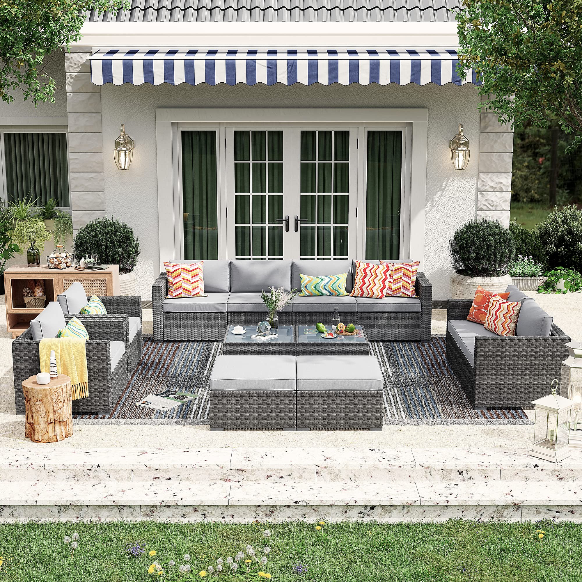 Outdoor Wicker Loveseat 2 Pieces, All Weather Grey PE Rattan Sectional Corner Sofa Set