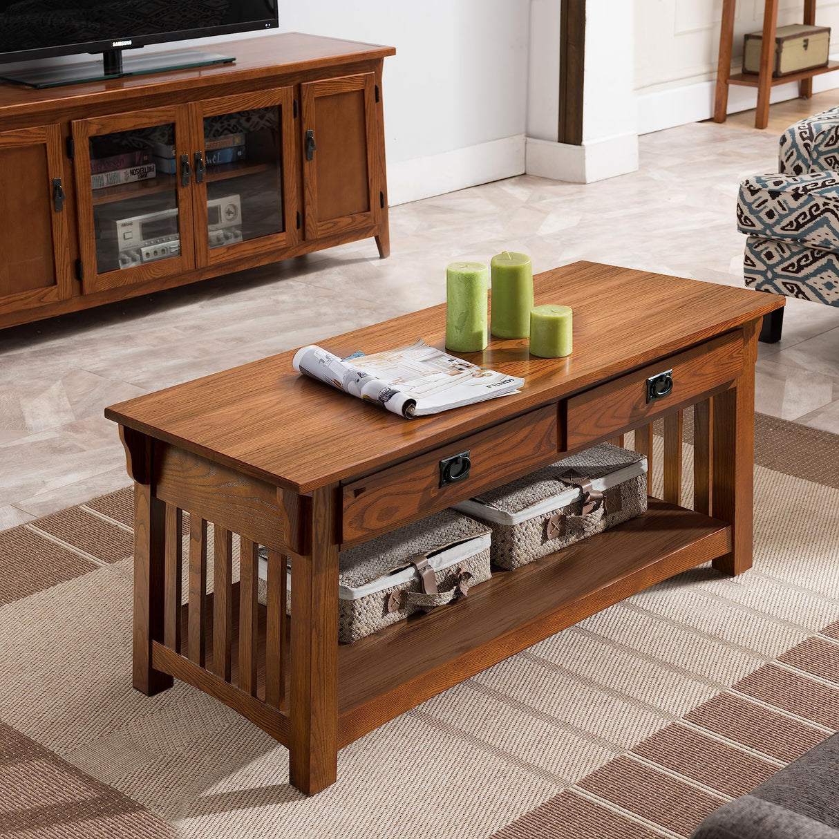 8204 Mission Impeccable Coffee Table for Living Room, Two Drawers and Shelf, Made