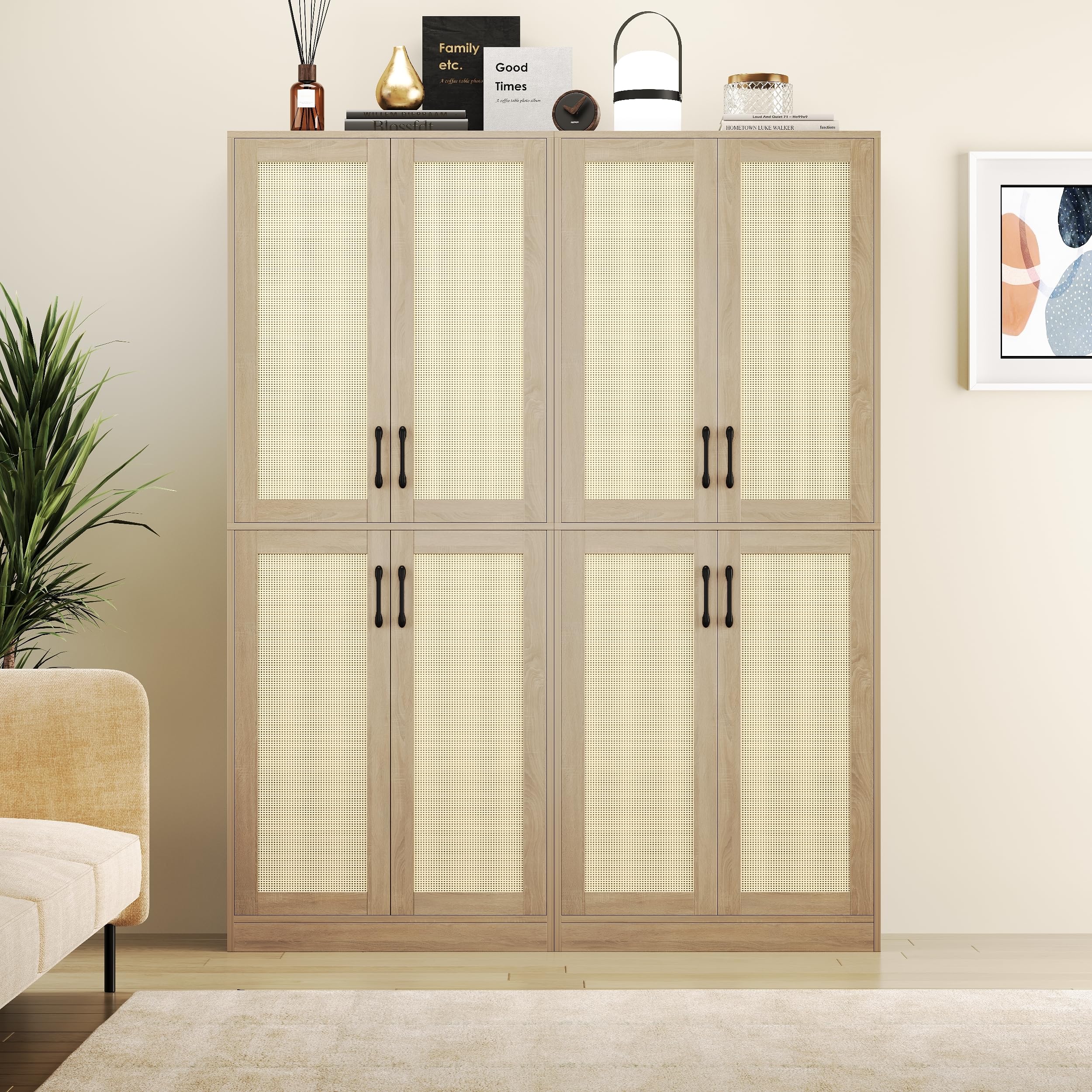 Kitchen Pantry Cabinet, Rattan Cabinet, Tall Storage Cabinet with 4 Doors and Adjustable