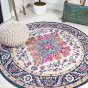 Boho Vintage Blue Multi 8' Round Area Rug - Medallion Floral Design