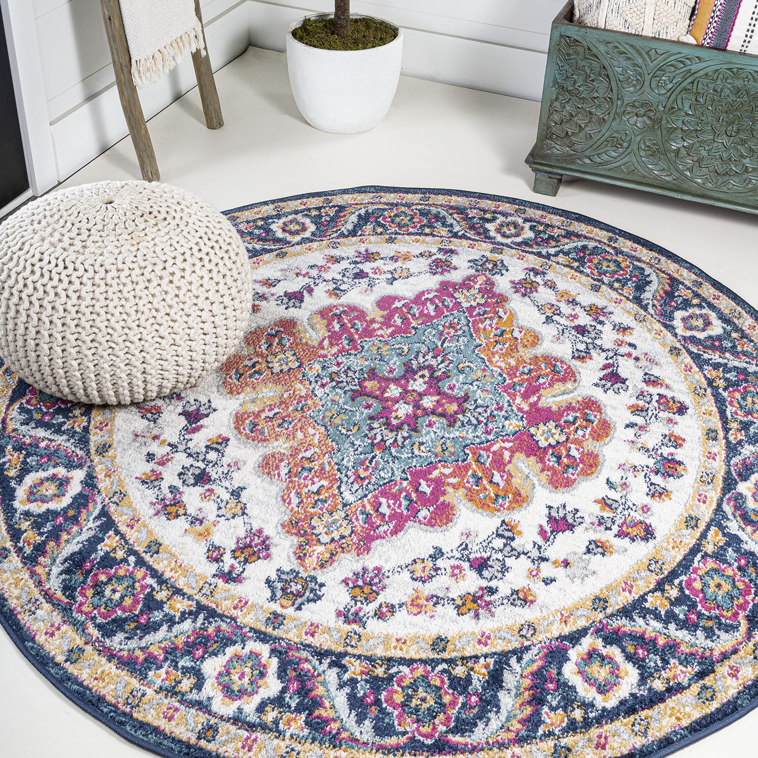 Boho Vintage Blue Multi 8' Round Area Rug - Medallion Floral Design