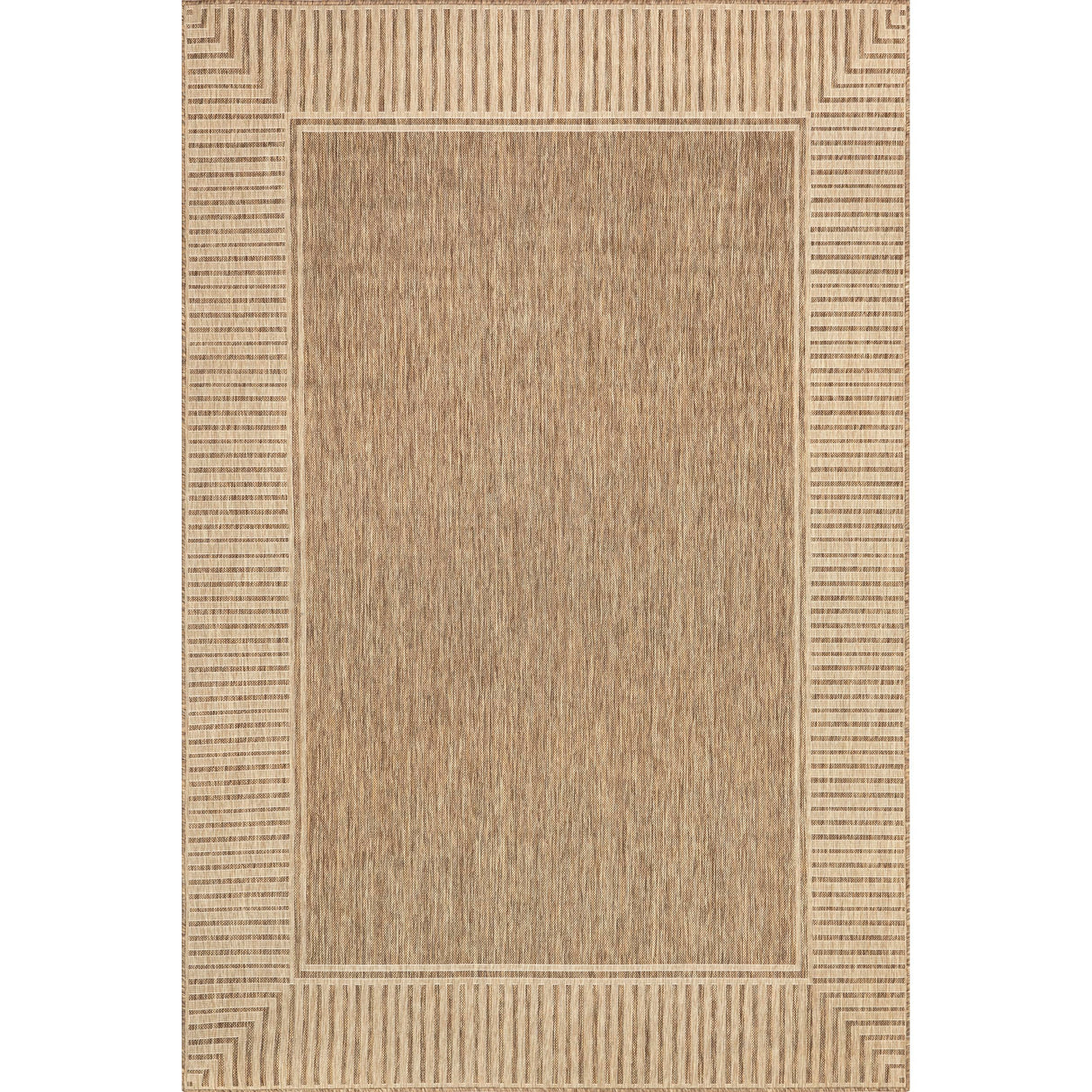 7' x 9' Outdoor Area Rug, Casual Design With Striped Border, Stain Resistant, Highly